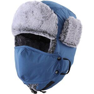 Men's Blue Trapper Hat Faux Fur Trooper Hunting Cap with Face Mask